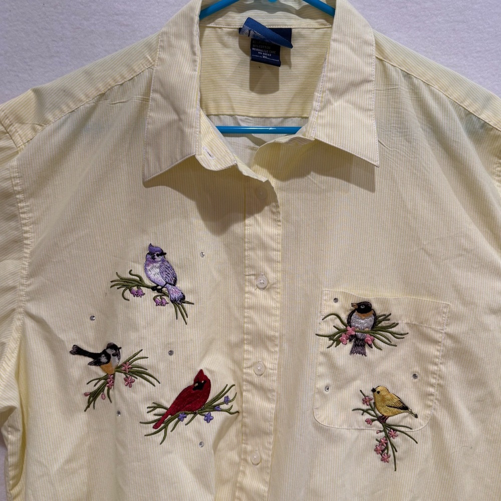 Yellow Striped Embroidered Bird Rhinestone Button Down Shirt XL Cotcottage Core